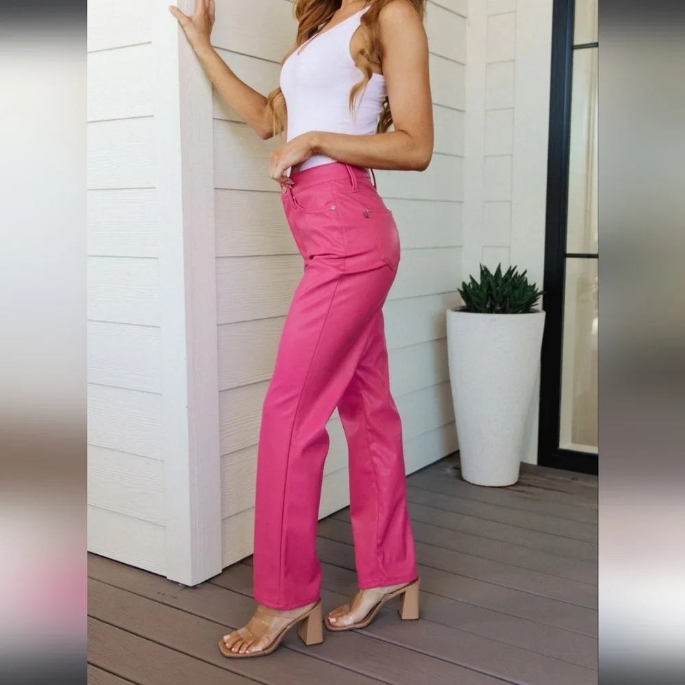JUDY BLUE Hot Pink Vegan Leather Straight Leg Pants, Like New, Size 24 - Picture 2 of 13